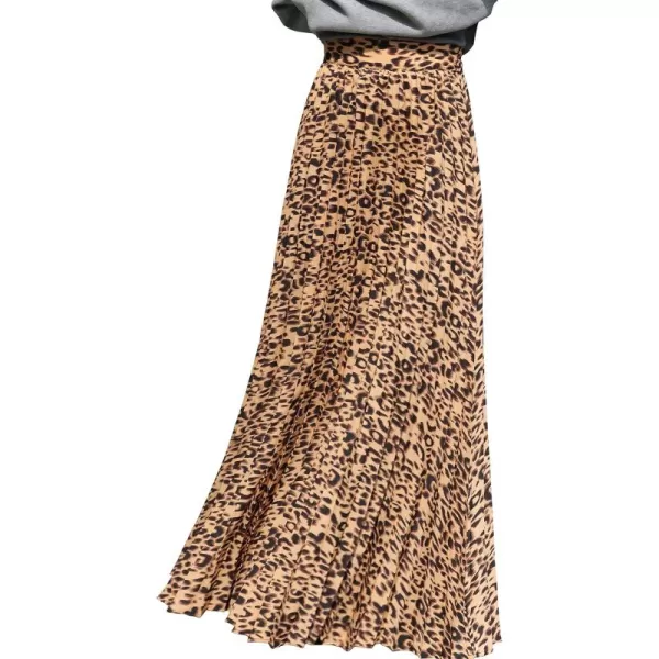 CHARTOU Women's Back Elastic Waist Leopard Print Shirring Pleated A Line Maxi Long Skirt