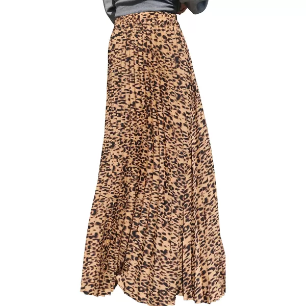 CHARTOU Women's Back Elastic Waist Leopard Print Shirring Pleated A Line Maxi Long Skirt