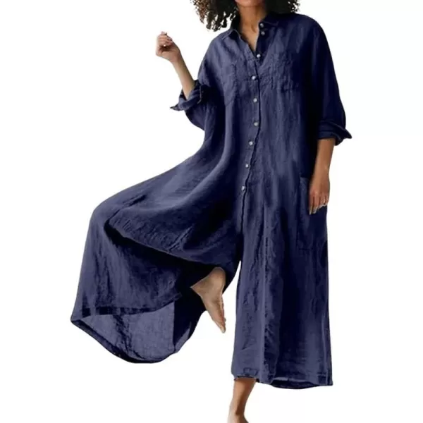 CHARTOU Women's Baggy Jumpsuit Half Button Coverall Long Sleeve Wide-Leg Crop Pants Overall