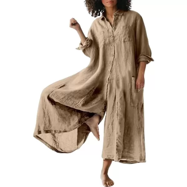 CHARTOU Women's Baggy Jumpsuit Half Button Coverall Long Sleeve Wide-Leg Crop Pants Overall
