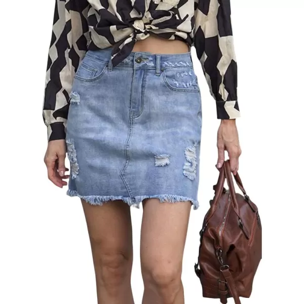 CHARTOU Women's Basic Washed Distressed Mid Waist Broken Fringed Frayed Ripped Denim Jean Short Pencil Hot Skirt