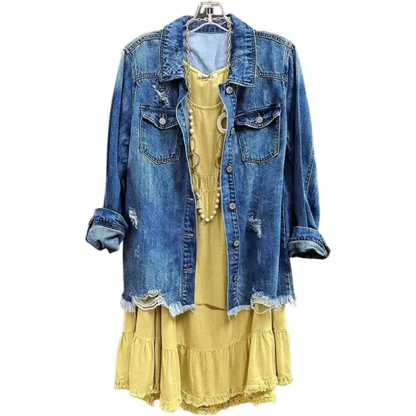 CHARTOU Women's Casual Distressed Long Sleeve Button Down Shirt Ripped Denim Jacket Jean Coat