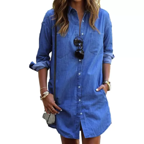 CHARTOU Women's Casual Spread Collar Button Down Long Sleeve Short Midi Denim Shirt