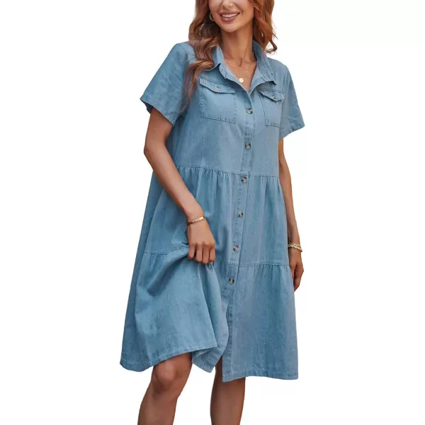 CHARTOU Women's Casual Washed Lapel Collar Short Sleeve Pleated A-Line Denim Button Down Shirt Dress