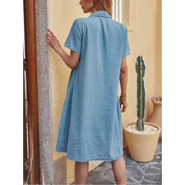CHARTOU Women's Casual Washed Lapel Collar Short Sleeve Pleated A-Line Denim Button Down Shirt Dress