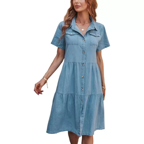 CHARTOU Women's Casual Washed Lapel Collar Short Sleeve Pleated A-Line Denim Button Down Shirt Dress
