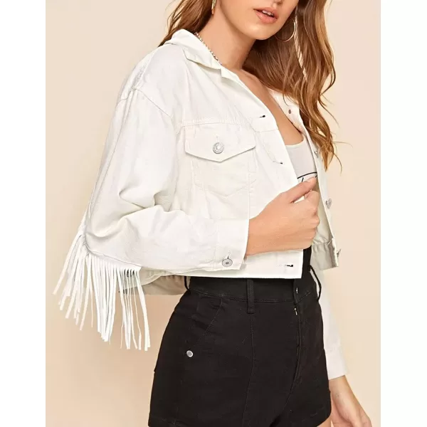 CHARTOU Women's Chic Button Down Tassel Fringe Denim Jean Cropped Jacket