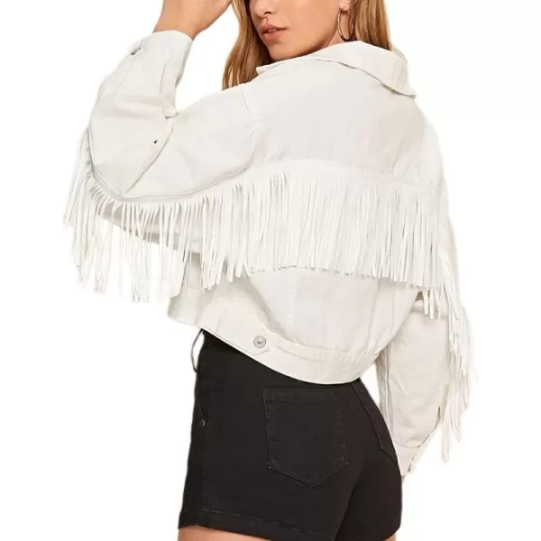 CHARTOU Women's Chic Button Down Tassel Fringe Denim Jean Cropped Jacket