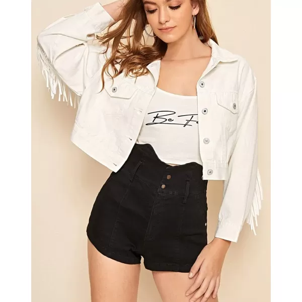 CHARTOU Women's Chic Button Down Tassel Fringe Denim Jean Cropped Jacket
