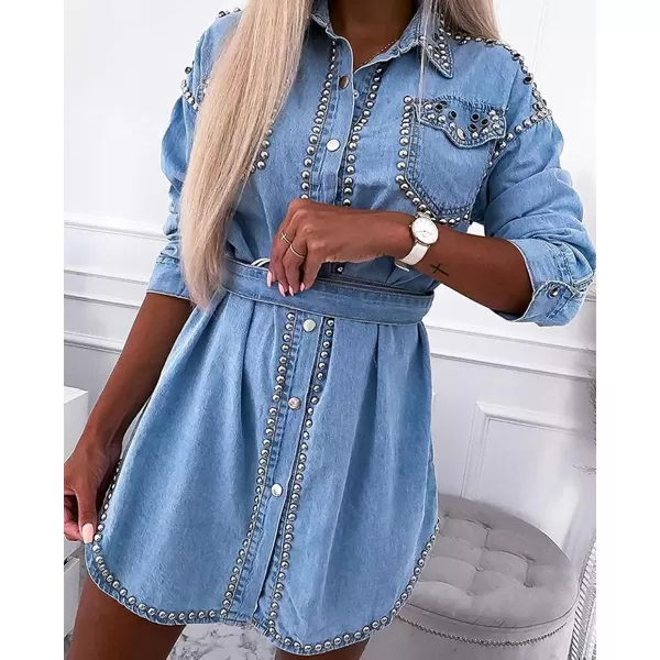 CHARTOU Women's Chic Spread Collar Long Sleeve Rivets Mini Belt Denim Shirt Dress