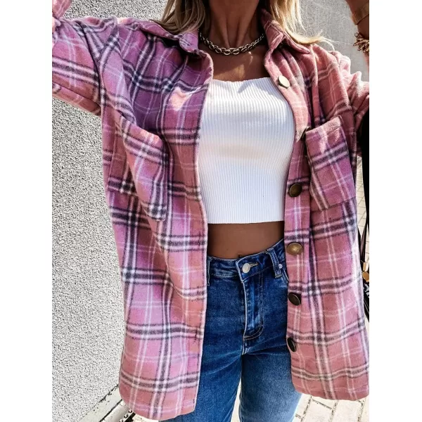 CHARTOU Women's Classic Loose Wool Blend Long Sleeve Plaid Button Down Shirt