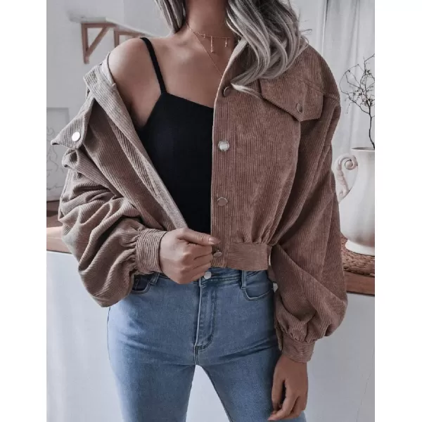 CHARTOU Women's Corduroy Lapel Collar Lantern Sleeve Button Down Crop Jacket Tops