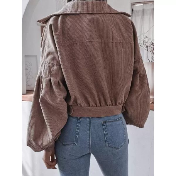 CHARTOU Women's Corduroy Lapel Collar Lantern Sleeve Button Down Crop Jacket Tops