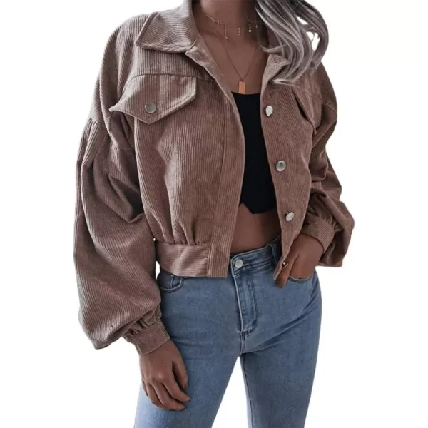 CHARTOU Women's Corduroy Lapel Collar Lantern Sleeve Button Down Crop Jacket Tops