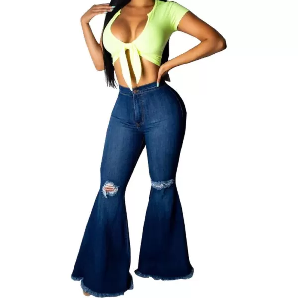 CHARTOU Women's Cute High Waist Distressed Ripped Frayed Raw Hem Wide Leg Denim Pants Flare Jeans