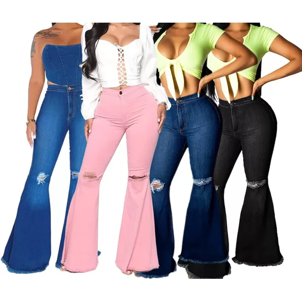 CHARTOU Women's Cute High Waist Distressed Ripped Frayed Raw Hem Wide Leg Denim Pants Flare Jeans