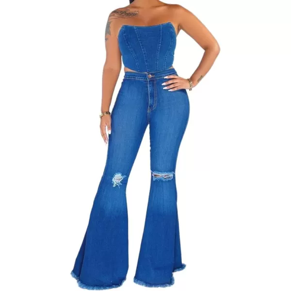 CHARTOU Women's Cute High Waist Distressed Ripped Frayed Raw Hem Wide Leg Denim Pants Flare Jeans