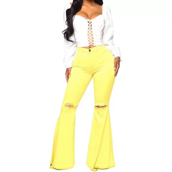 CHARTOU Women's Cute High Waist Distressed Ripped Frayed Raw Hem Wide Leg Denim Pants Flare Jeans
