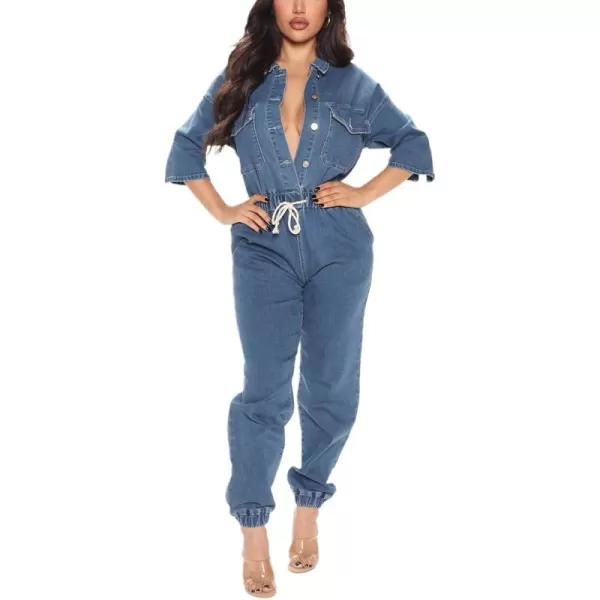 CHARTOU Women's Denim Jean Jumpsuit, 3/4 Sleeve One Piece Romper Overalls