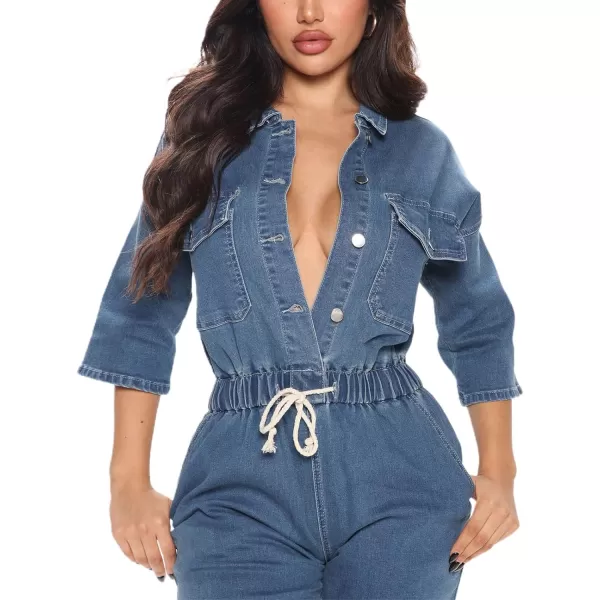 CHARTOU Women's Denim Jean Jumpsuit, 3/4 Sleeve One Piece Romper Overalls