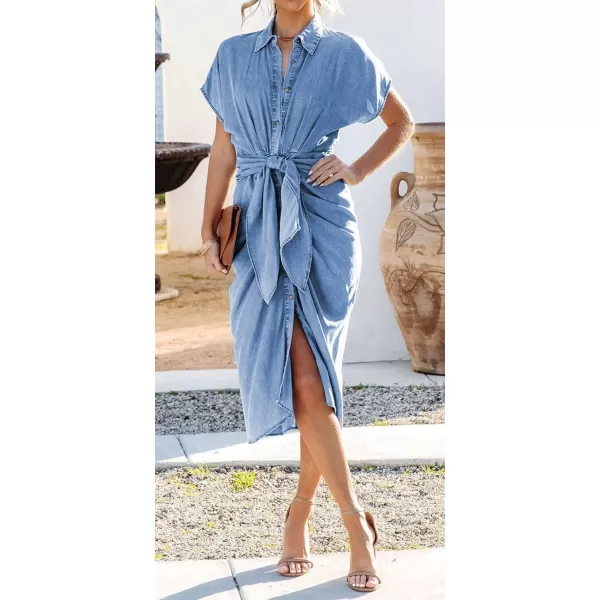 CHARTOU Women's Denim Shirt Dresses Short Sleeve Front Tie-Knot Summer Elegant Blouse Dress