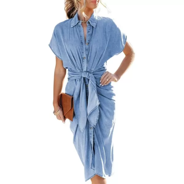 CHARTOU Women's Denim Shirt Dresses Short Sleeve Front Tie-Knot Summer Elegant Blouse Dress