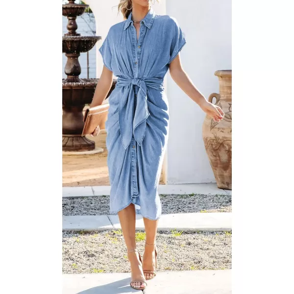 CHARTOU Women's Denim Shirt Dresses Short Sleeve Front Tie-Knot Summer Elegant Blouse Dress