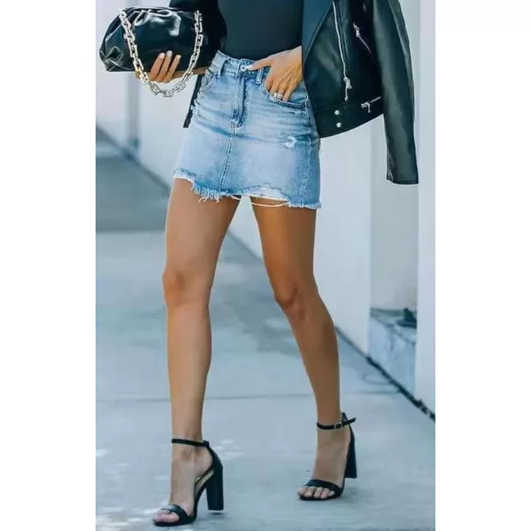 CHARTOU Women's Distressed High Waist Frayed Slim Fit A-Line Mini Denim Skirt