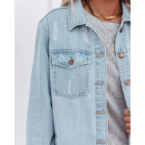CHARTOU Women's Distressed Spread Collar Button Down Shacket Washed Denim Shirt Jacket