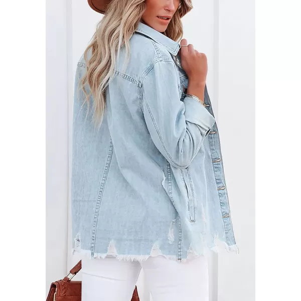 CHARTOU Women's Distressed Spread Collar Button Down Shacket Washed Denim Shirt Jacket