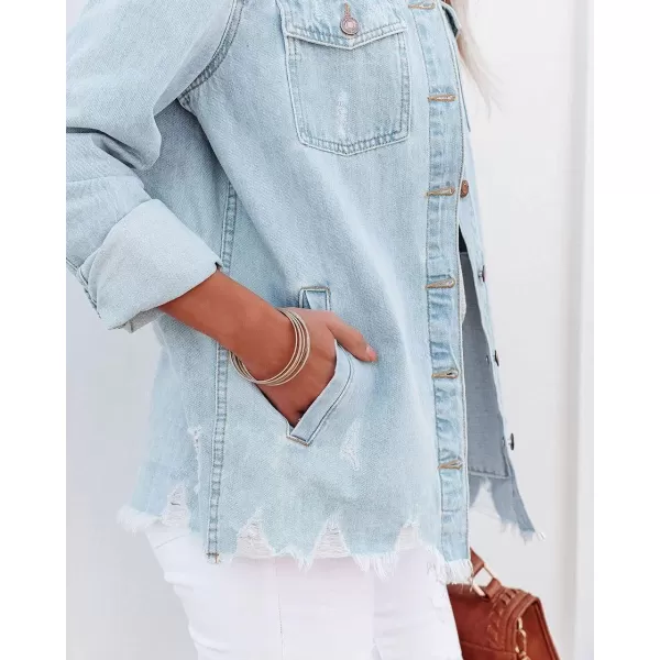 CHARTOU Women's Distressed Spread Collar Button Down Shacket Washed Denim Shirt Jacket