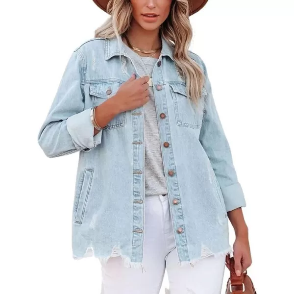 CHARTOU Women's Distressed Spread Collar Button Down Shacket Washed Denim Shirt Jacket