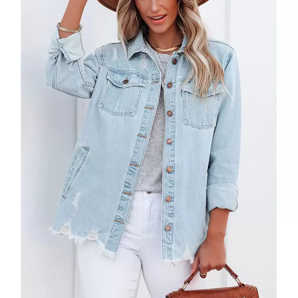 CHARTOU Women's Distressed Spread Collar Button Down Shacket Washed Denim Shirt Jacket