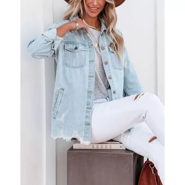 CHARTOU Women's Distressed Spread Collar Button Down Shacket Washed Denim Shirt Jacket