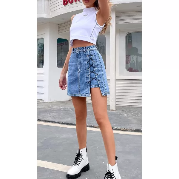 CHARTOU Women's Dressy Slim Fit High Waist Lace Up Side Slit Denim Jean Mini A Line Skirt