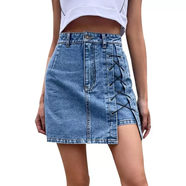 CHARTOU Women's Dressy Slim Fit High Waist Lace Up Side Slit Denim Jean Mini A Line Skirt