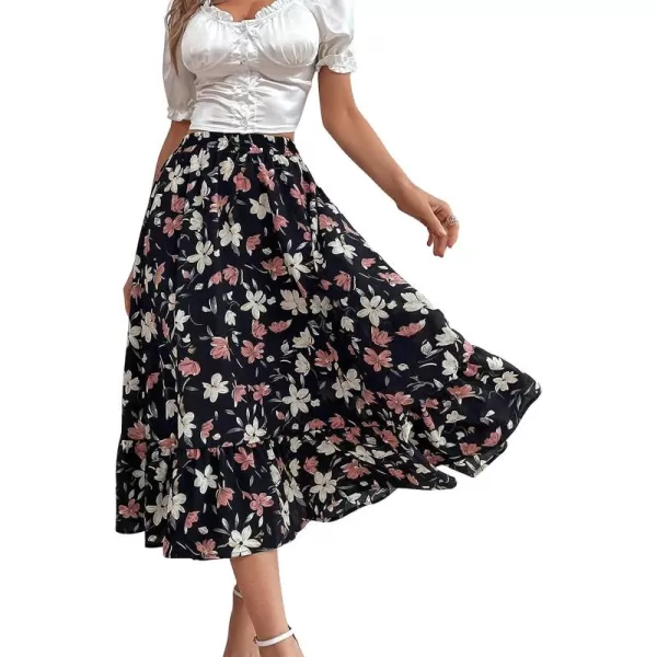CHARTOU Women's Elastic High Waist Floral Print Pleated Flowy Flared A-Line Midi Long Skirt