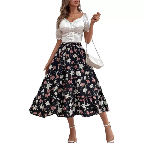 CHARTOU Women's Elastic High Waist Floral Print Pleated Flowy Flared A-Line Midi Long Skirt