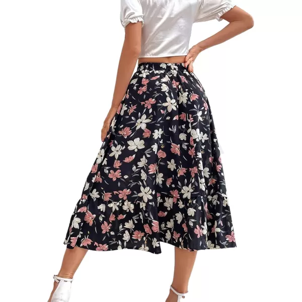 CHARTOU Women's Elastic High Waist Floral Print Pleated Flowy Flared A-Line Midi Long Skirt
