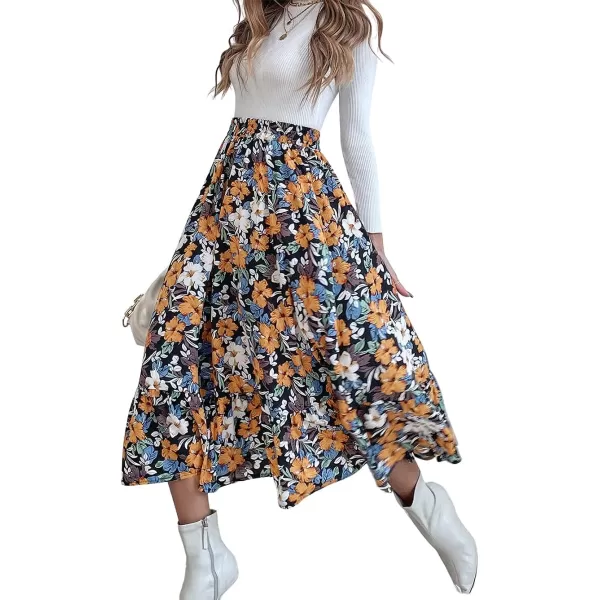 CHARTOU Women's Elastic High Waist Floral Print Pleated Flowy Flared A-Line Midi Long Skirt