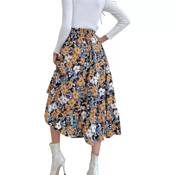 CHARTOU Women's Elastic High Waist Floral Print Pleated Flowy Flared A-Line Midi Long Skirt