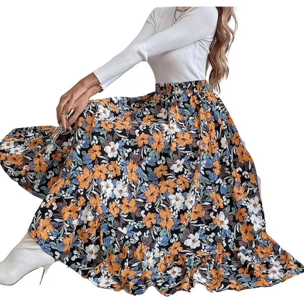 CHARTOU Women's Elastic High Waist Floral Print Pleated Flowy Flared A-Line Midi Long Skirt