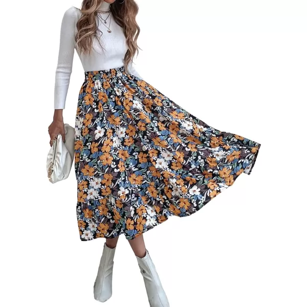 CHARTOU Women's Elastic High Waist Floral Print Pleated Flowy Flared A-Line Midi Long Skirt