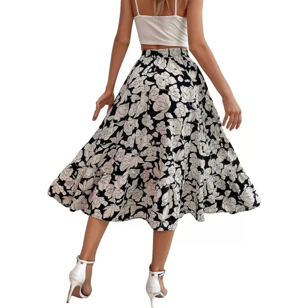 CHARTOU Women's Elastic High Waist Floral Print Pleated Flowy Flared A-Line Midi Long Skirt