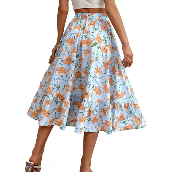 CHARTOU Women's Elastic High Waist Floral Print Pleated Flowy Flared A-Line Midi Long Skirt