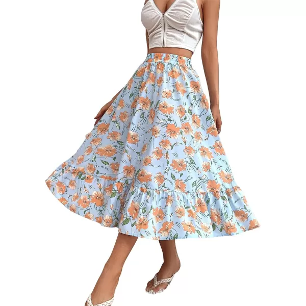 CHARTOU Women's Elastic High Waist Floral Print Pleated Flowy Flared A-Line Midi Long Skirt