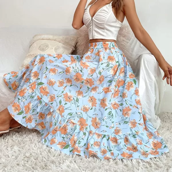 CHARTOU Women's Elastic High Waist Floral Print Pleated Flowy Flared A-Line Midi Long Skirt