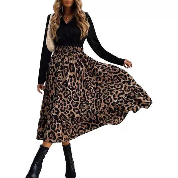 CHARTOU Women's Elastic High Waist Floral Print Pleated Flowy Flared A-Line Midi Long Skirt