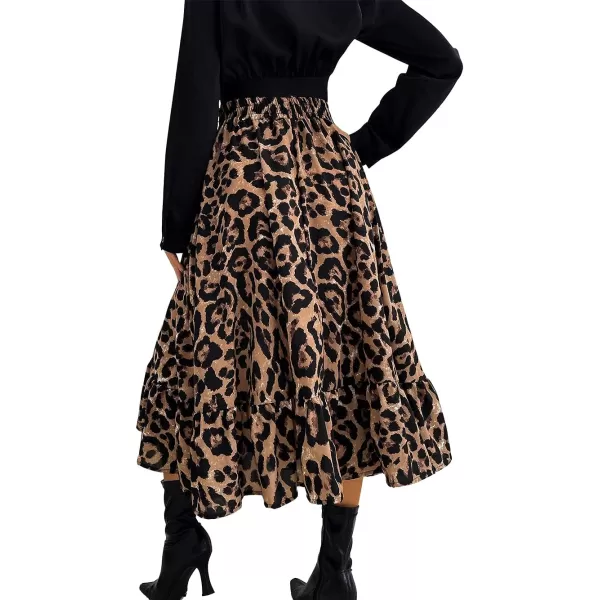 CHARTOU Women's Elastic High Waist Floral Print Pleated Flowy Flared A-Line Midi Long Skirt