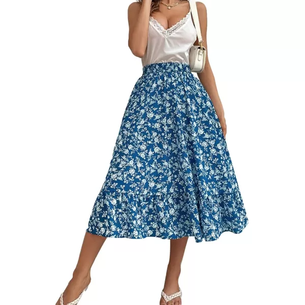 CHARTOU Women's Elastic High Waist Floral Print Pleated Flowy Flared A-Line Midi Long Skirt